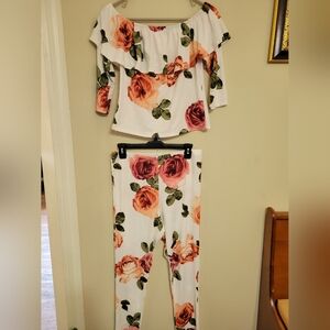 Floral Off-Shoulder Top and Leggings Set - White with Pink & Orange Roses